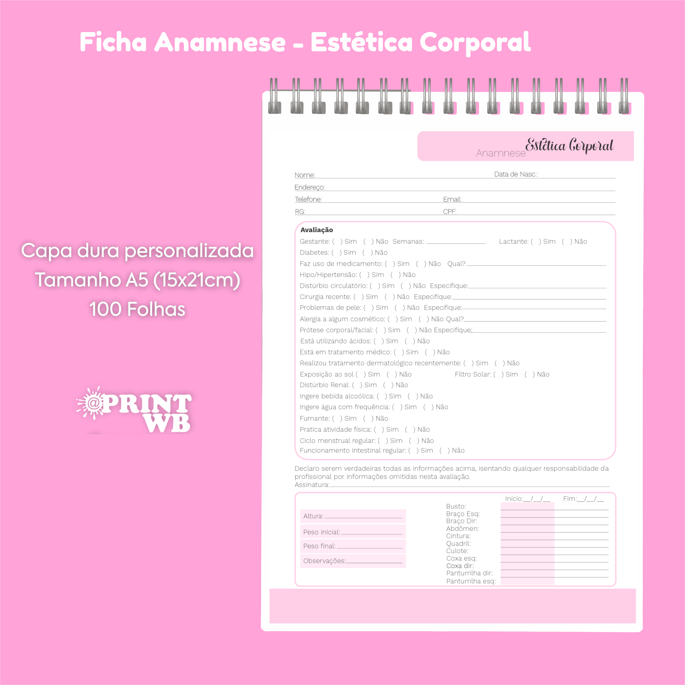 Ficha de Anamnese Estética Corporal c/ 100 Folhas